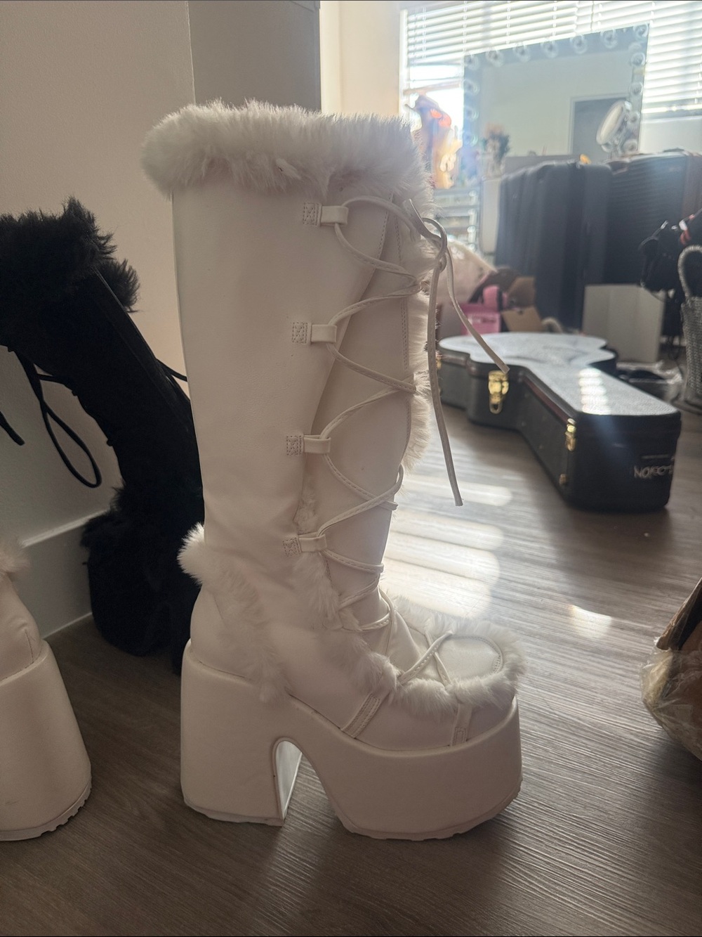 Dolls Kill White Faux-Fur Lace-Up Platform Knee Boots
